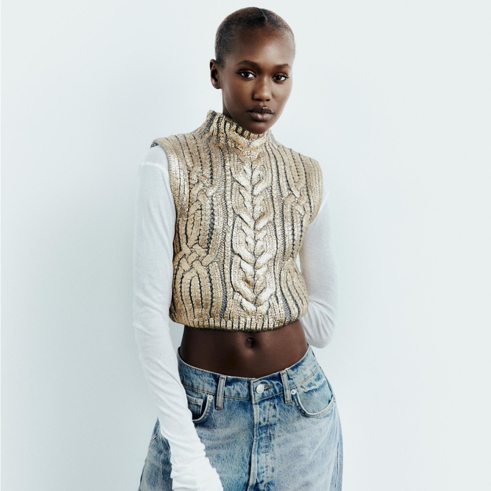 NWOT Zara Gold Cable Knit Sweater Vest Large